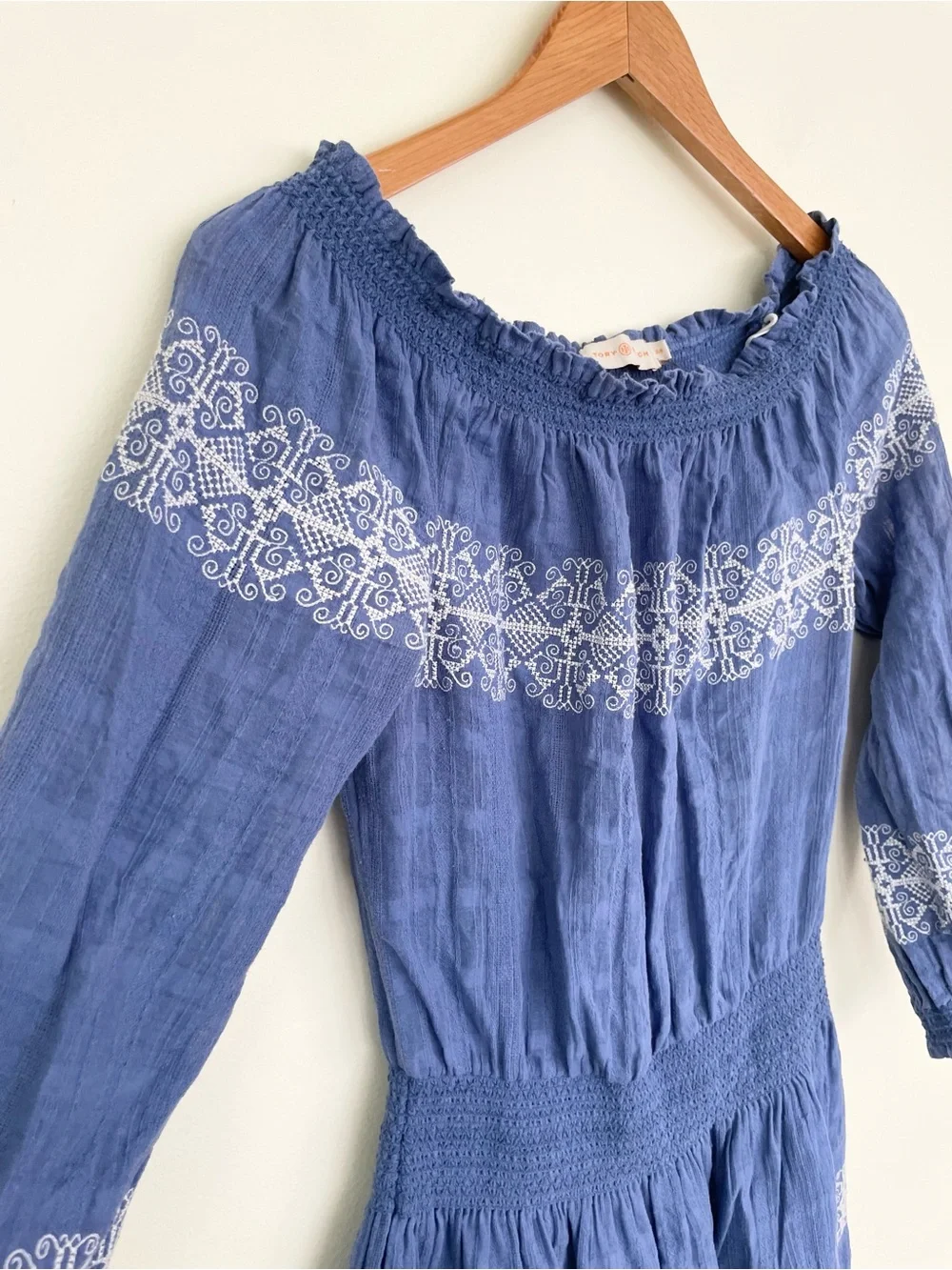 Tory Burch Loretta Off-the-Shoulder Embroidered Gauze Cotton Dress Blue White S